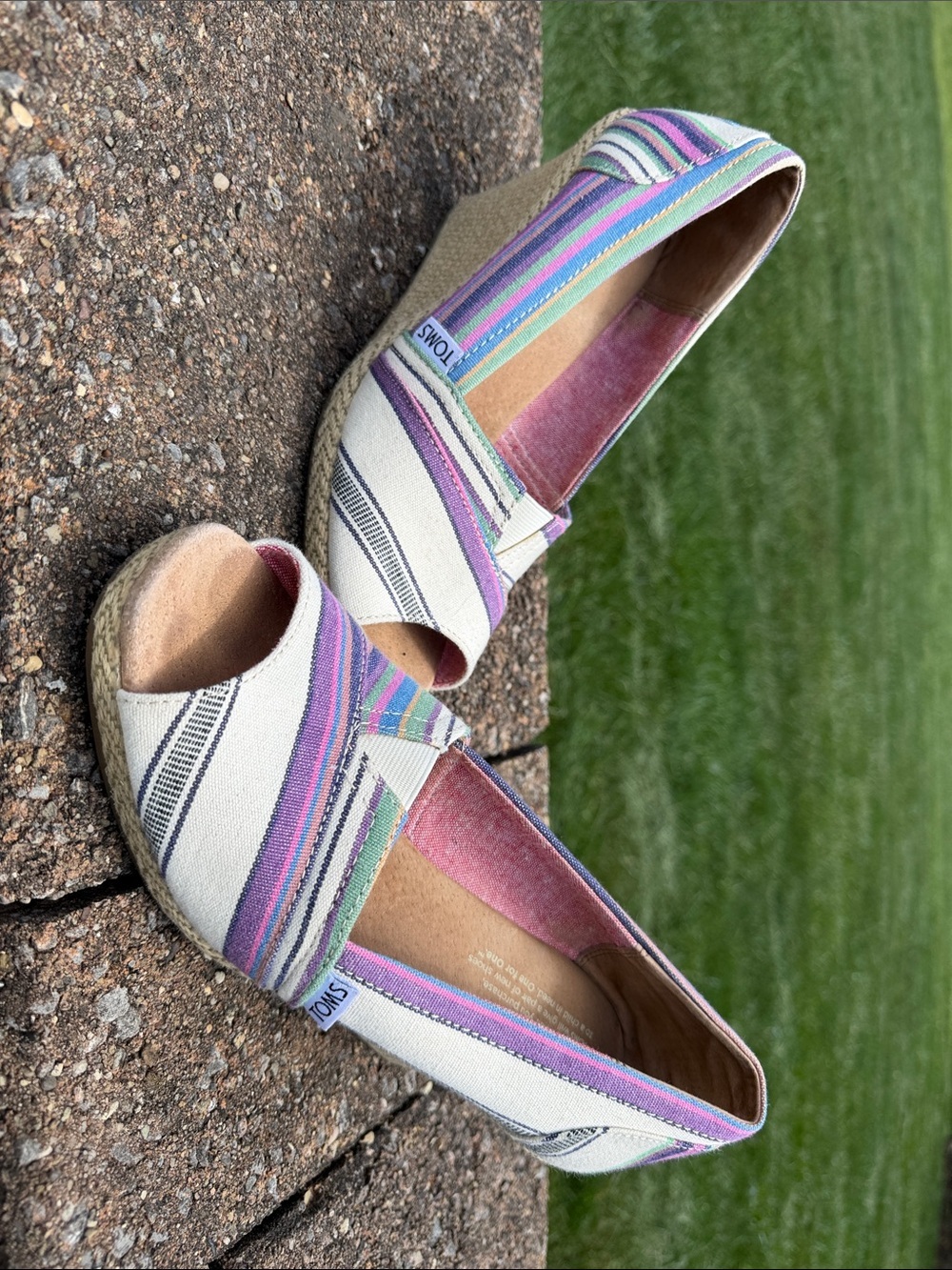TOMS Women’s Canvas Wedges in Cream with Pink, Blue & Green Stripes